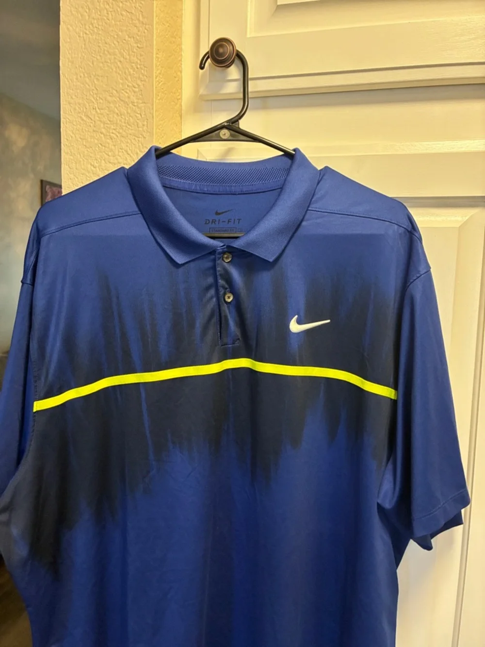 Nike Men’s dri fit Blue short sleeve Polo with Neon Yellow Stripe